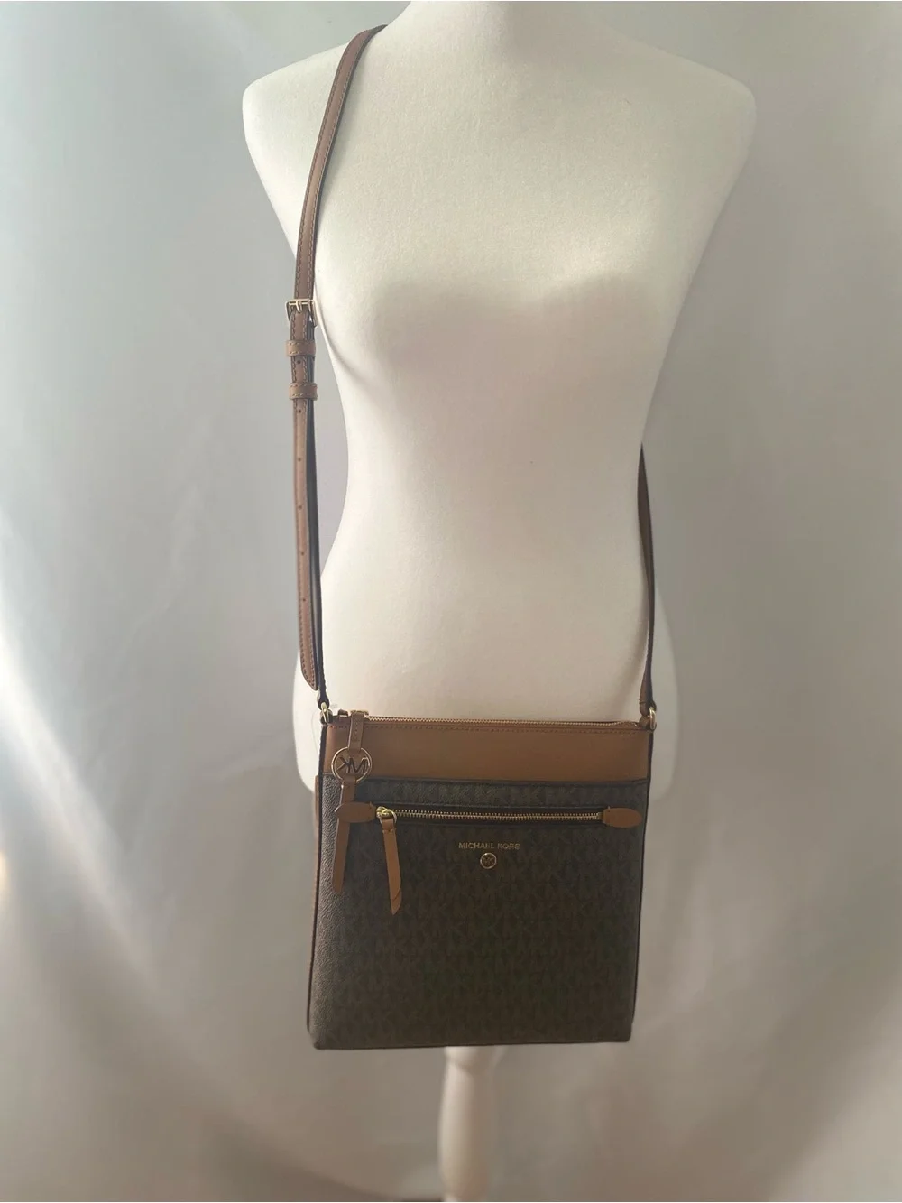 Michael Kors Brown Monogram Crossbody with Tan Trim and Gold Hardware
